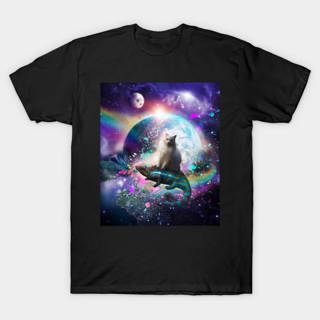 Kitty Cat Riding Rainbow Chameleon Lizard In Space Universe T-Shirt by Random Galaxy